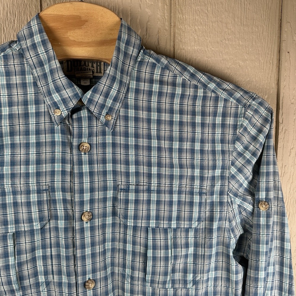 Duluth Trading Co Armachillo Cooling Long Sleeve Plaid Shirt Mens Sz Large Blue